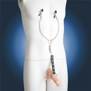 PRENDEDOR PARA MAMILOS MASCULINO COM CORRENTE E ANEL PENIANO EM METAL